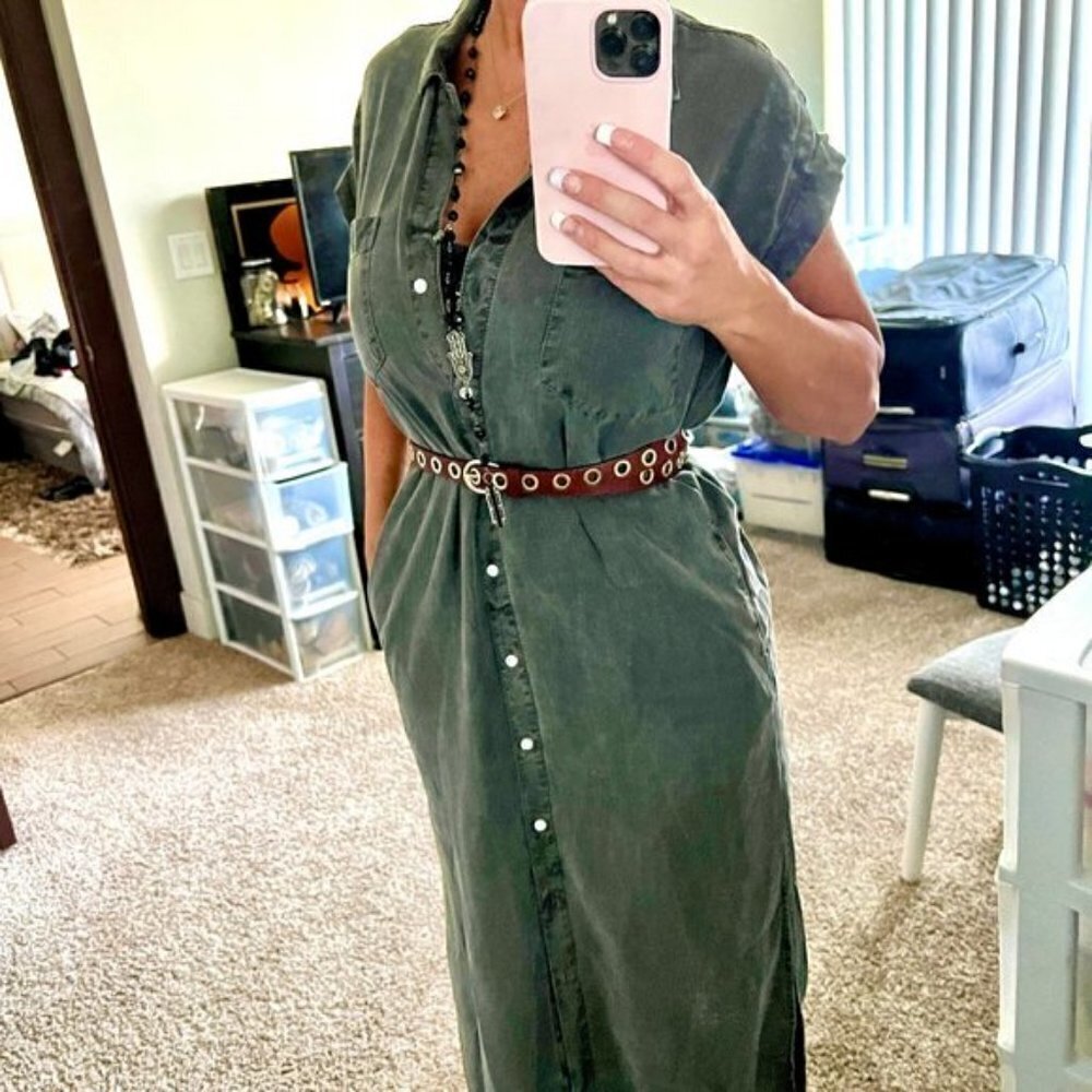 😍🛍 Sneak Peak Long Full Length Khaki Button Down Army Green Shirt Dress! Sz…